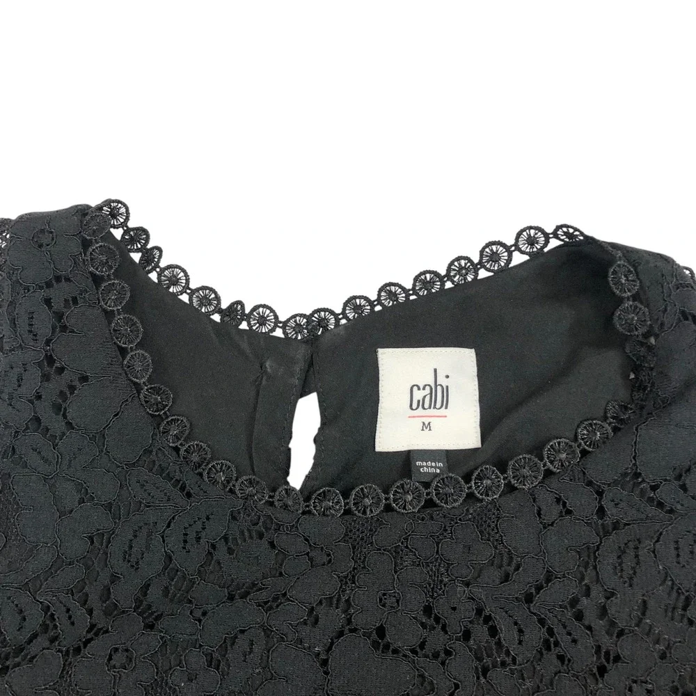 Cabi Black Floral Scalloped Eyelash Lace Top Blouse Size M #3605 Business Office